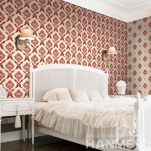 HANMERO Red Color Classic Damask Design Non-woven Wallcovering 0.53 * 10M Flocking Factory Sell Directlly Wallpaper for Bedroom in Stock