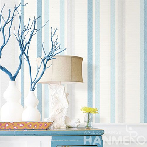 HANMERO Eco-friendly Vinyl-coated PVC Wallcovering Bathroom Bedroom Wall Decor 0.53 * 10M Blue Striped Wallpaper
