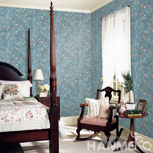 HANMERO Pastoral Non-woven Embroidery 0.53*10M Blue Flower Wallpaper Supplier From China