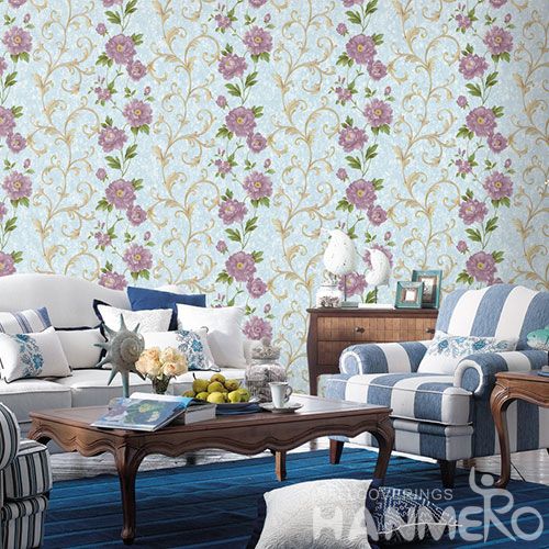 HANMERO Chinese Newest Fancy Purple Flowers Wallcovering Non-woven 1.06M Wallpaper for Hotel Nightclub Wall Decor Best Selling