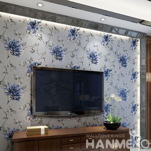 HANMERO 0.53 * 10 M / Roll Chinese Exporter Natural Suede Wallpaper Big Blue Flowers Pattern for Interior Room Decoration