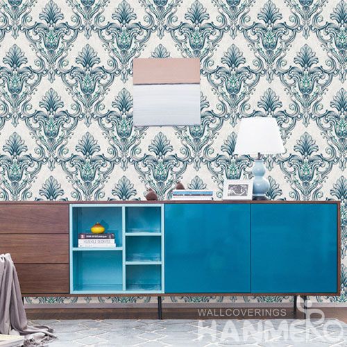 HANMERO Eco-friendly Latest PVC Wallpaper Fashion Beautiful Damask Living Room Decorating Wallcovering Green Color