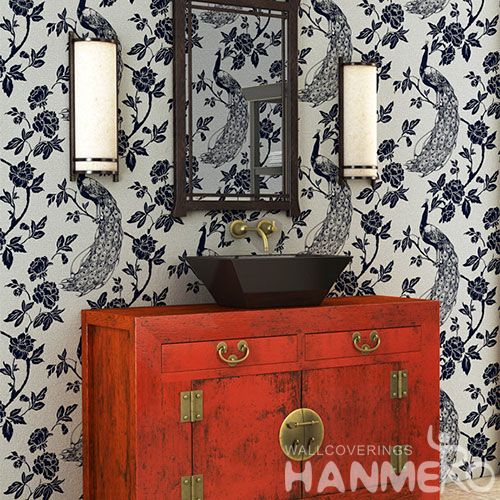 HANMERO Modern Non-woven Monochrome Flocking Wallpaper 0.53 * 10M Household Decor Wallcovering Peacock Nature Plants Designs