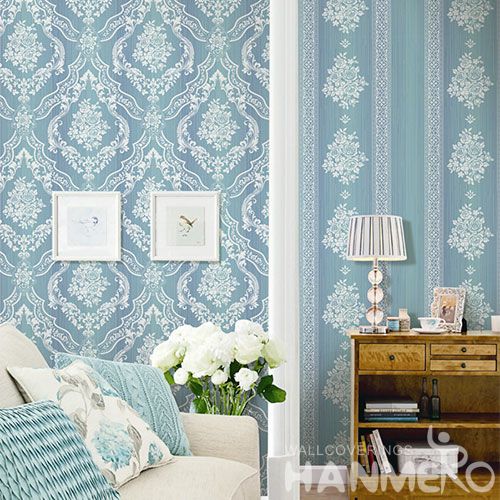 HANMERO Non-woven Modern Blue Damask Design Wallcovering Nature Sense Household Office Decor Wallpaper 0.53 * 10M Best Selling