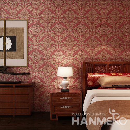 HANMERO Red And Gold European Floral Embossed PVC Bedroom Wallpaper